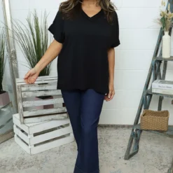 Luisa Washed V-Neck Cotton Top Black