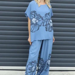 Aksana Flower Wide Leg Trousers Blue