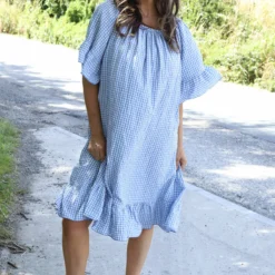 Fabiola Gingham Bardot Dress Powder Blue