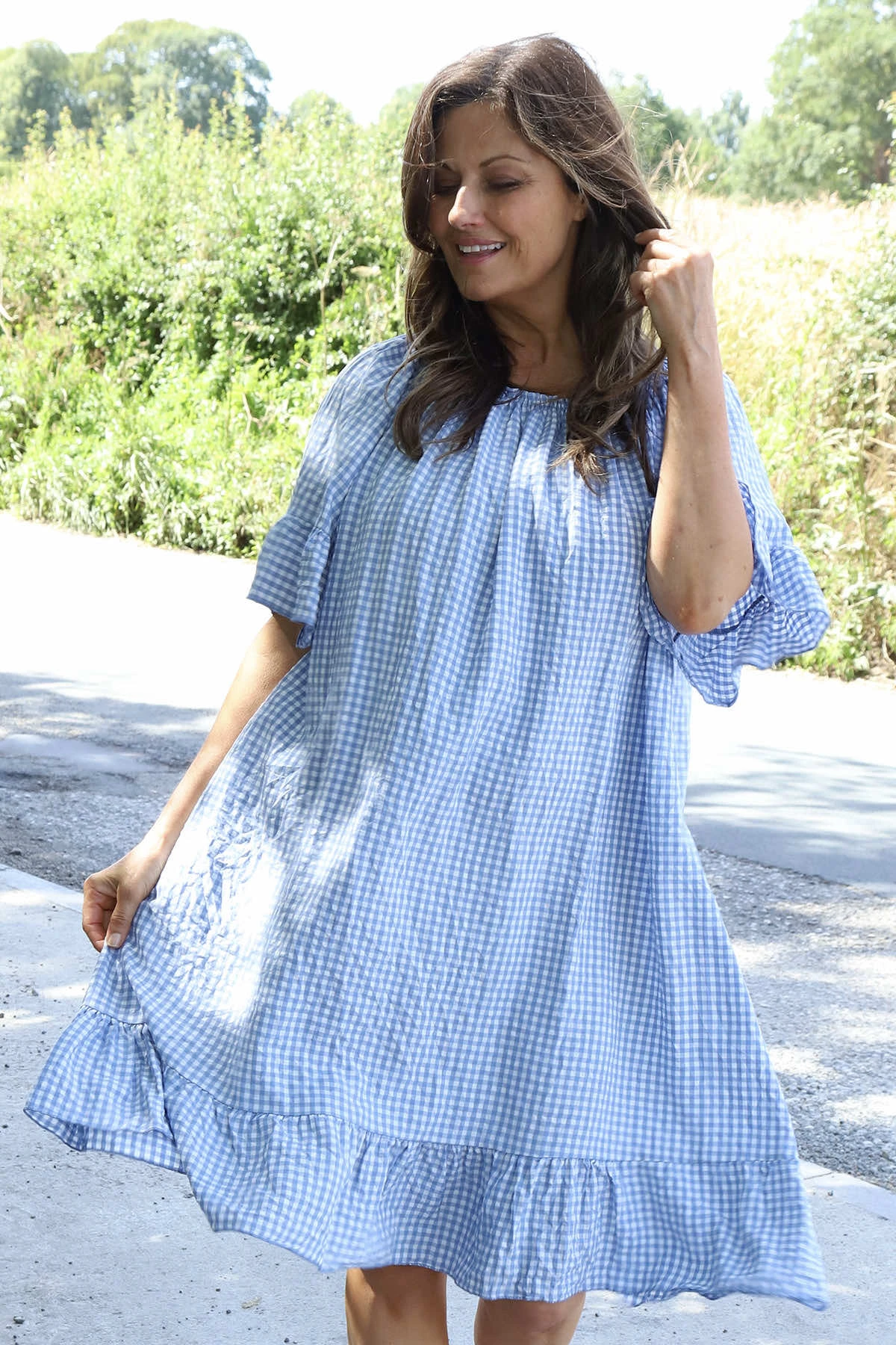 Fabiola Gingham Bardot Dress Powder Blue 4 Fabiola Gingham Bardot Dress Powder Blue - Image 2