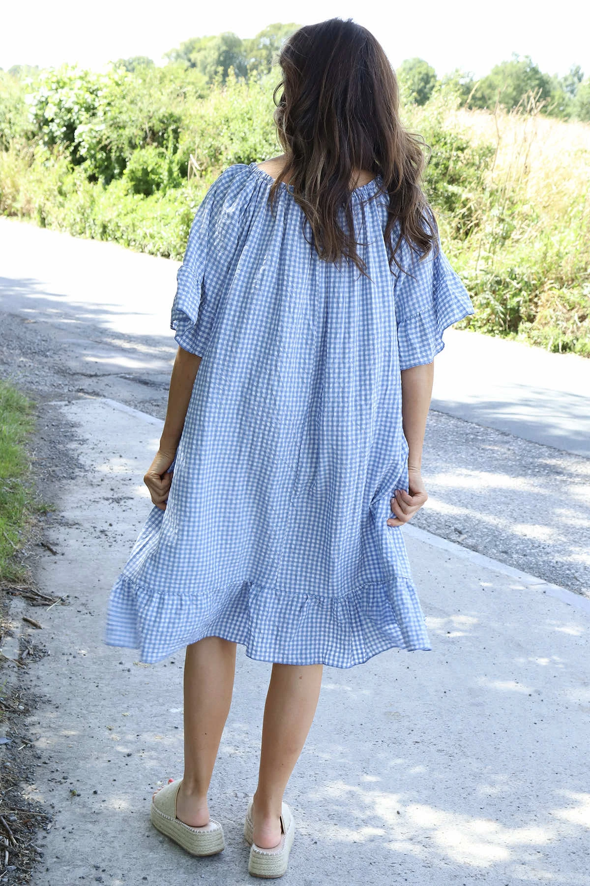 Fabiola Gingham Bardot Dress Powder Blue 6 Fabiola Gingham Bardot Dress Powder Blue - Image 4