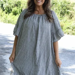 Fabiola Gingham Bardot Dress Cocoa