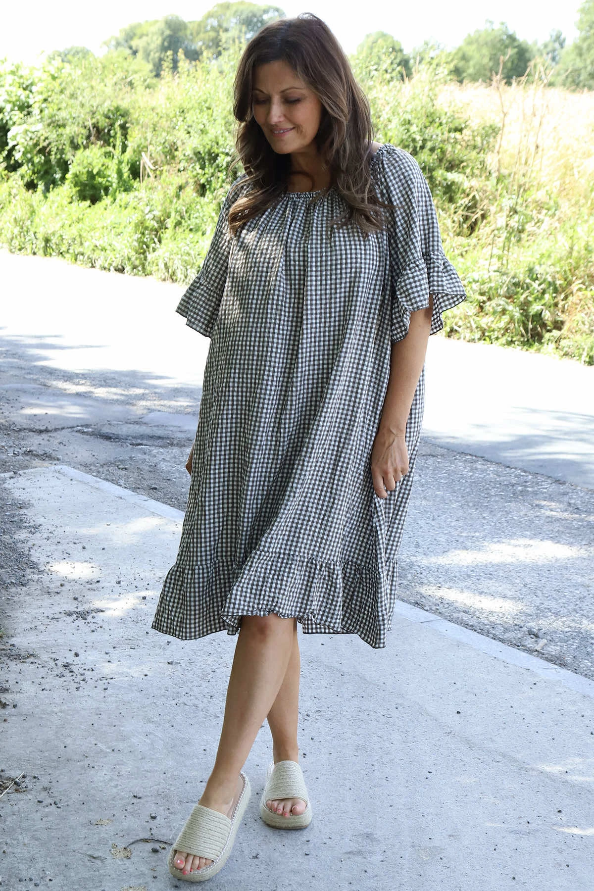 Fabiola Gingham Bardot Dress Cocoa 4 Fabiola Gingham Bardot Dress Cocoa - Image 2