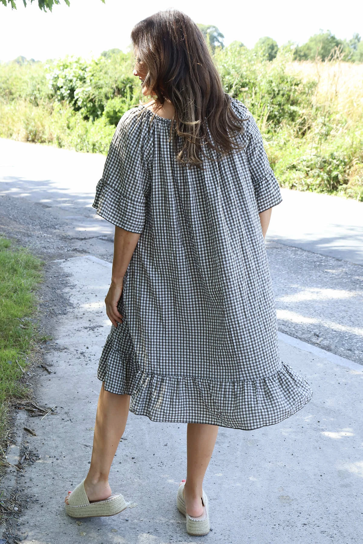 Fabiola Gingham Bardot Dress Cocoa 6 Fabiola Gingham Bardot Dress Cocoa - Image 4