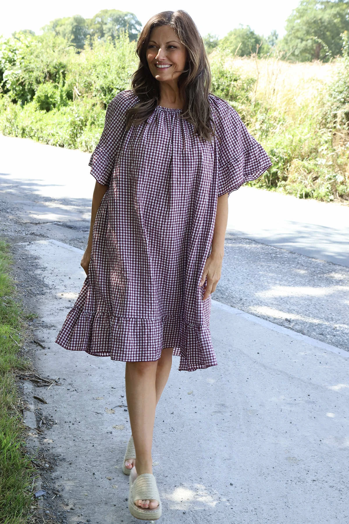 Fabiola Gingham Bardot Dress Burgundy 3 Fabiola Gingham Bardot Dress Burgundy