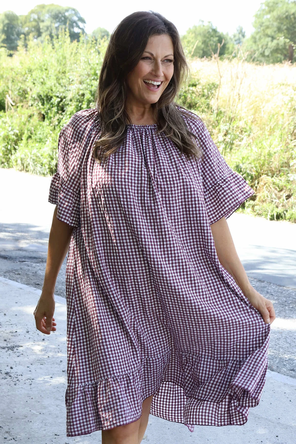 Fabiola Gingham Bardot Dress Burgundy 4 Fabiola Gingham Bardot Dress Burgundy - Image 2