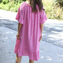Fabiola Gingham Bardot Dress Fuchsia -Kitandkaboodal Store IMG 1145 6ea6e5c1 254e 4e4d a0f4 915804a68c88