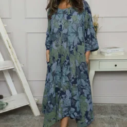 Eleni Print Linen Dress Navy