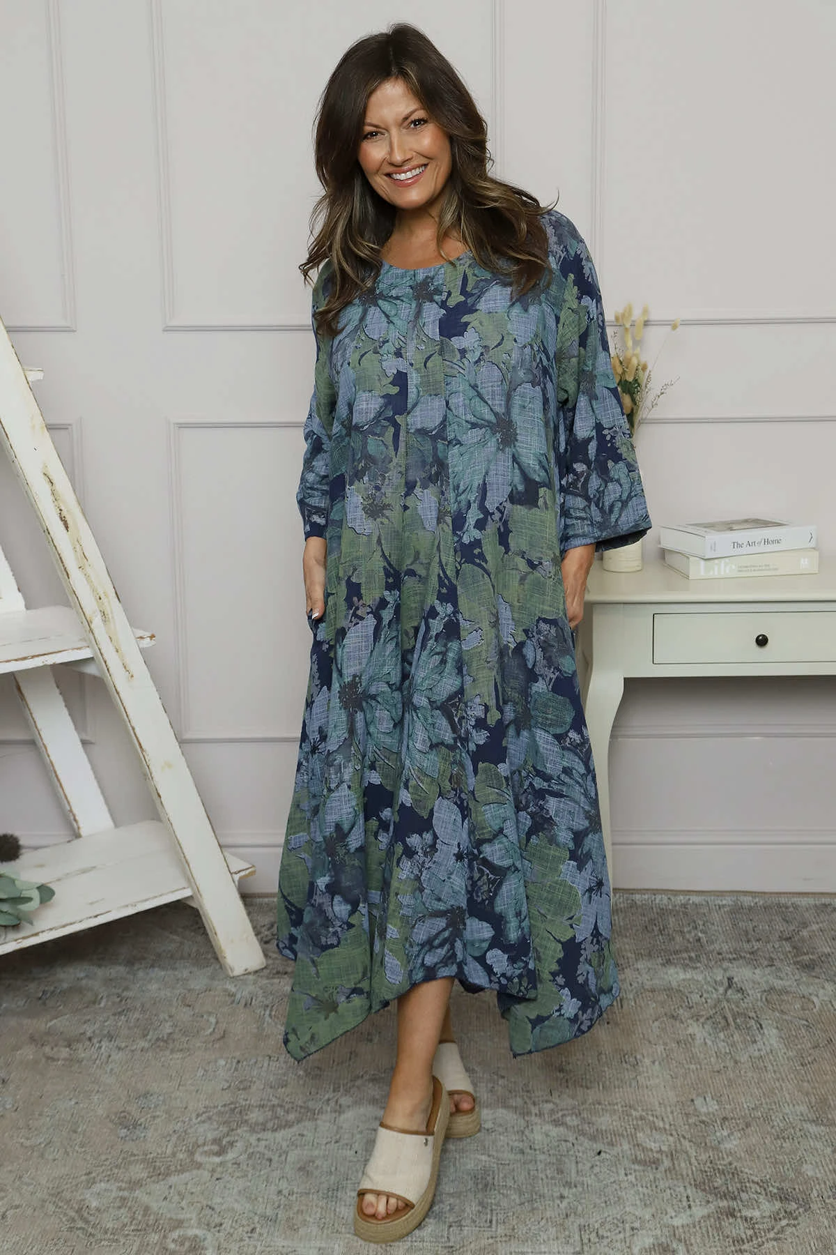 Eleni Print Linen Dress Navy 3 Eleni Print Linen Dress Navy