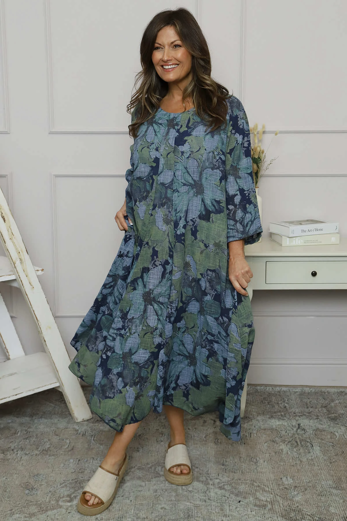 Eleni Print Linen Dress Navy 4 Eleni Print Linen Dress Navy - Image 2