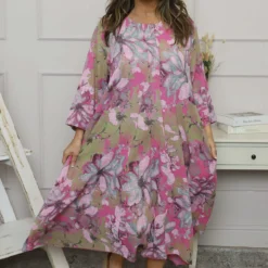 Eleni Print Linen Dress Fuchsia