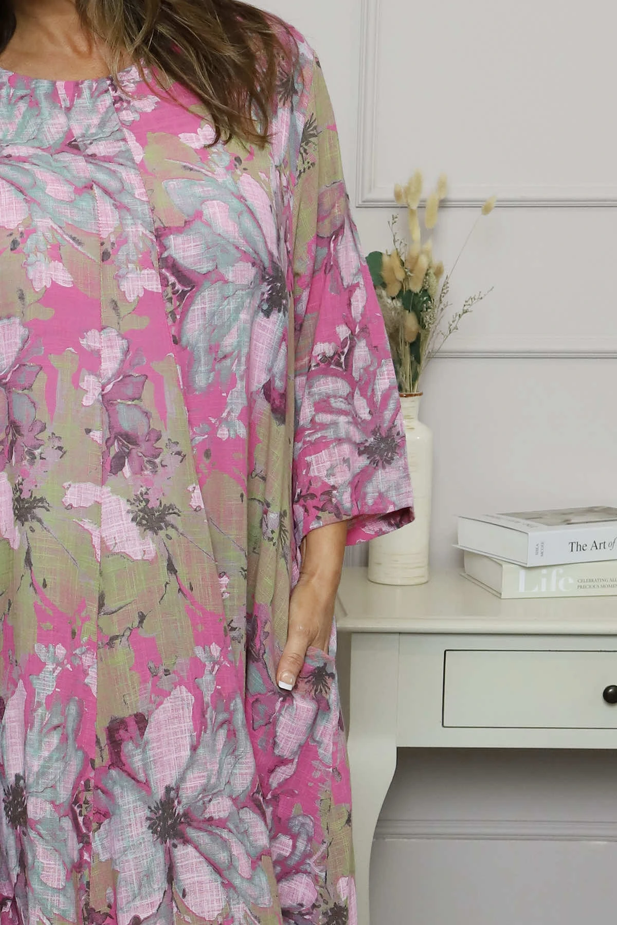 Eleni Print Linen Dress Fuchsia 5 Eleni Print Linen Dress Fuchsia - Image 3