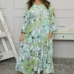 Eleni Print Linen Dress Grey