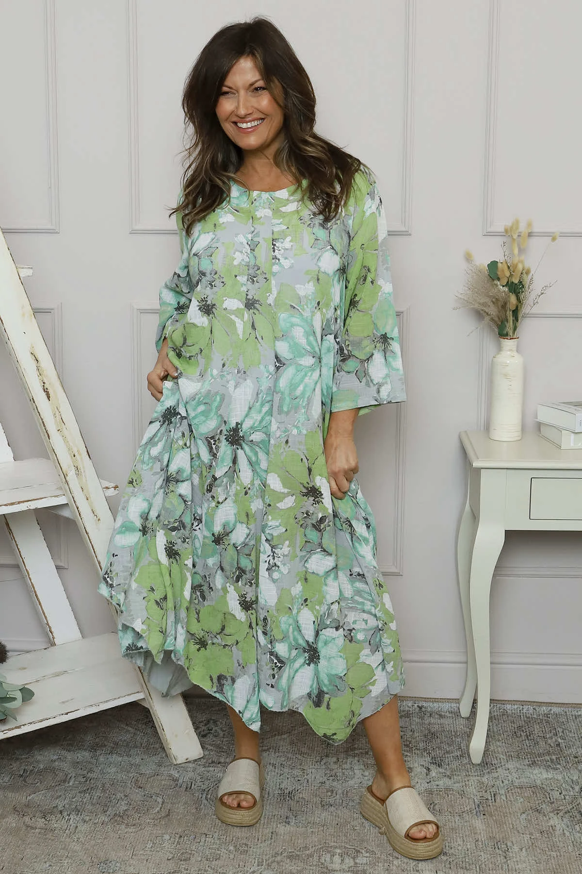 Eleni Print Linen Dress Grey 4 Eleni Print Linen Dress Grey - Image 2