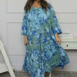 Eleni Print Linen Dress Cobalt