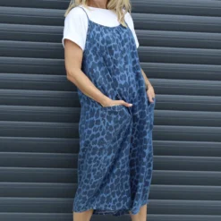 Aviva Leopard Print Denim Jumpsuit Mid Denim