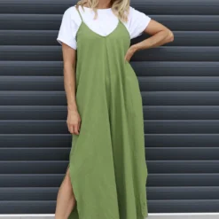 Cesca Strap Linen Dress Olive