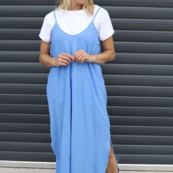 Cesca Strap Linen Dress Powder Blue