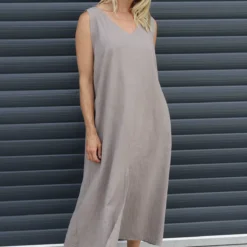 Olaya V-Neck Linen Dress Mocha