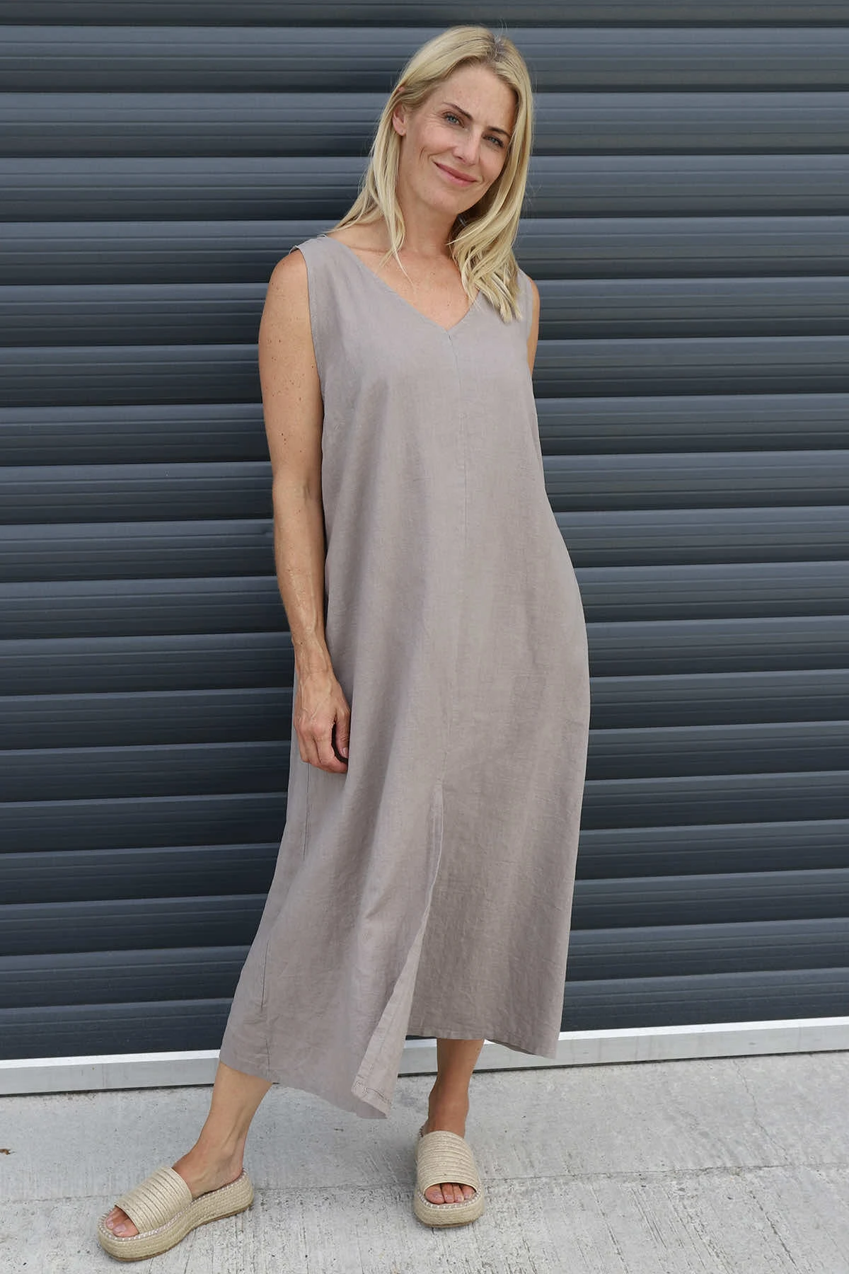 Olaya V-Neck Linen Dress Mocha 3 Olaya V-Neck Linen Dress Mocha