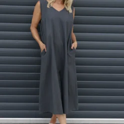 Olaya V-Neck Linen Dress Charcoal