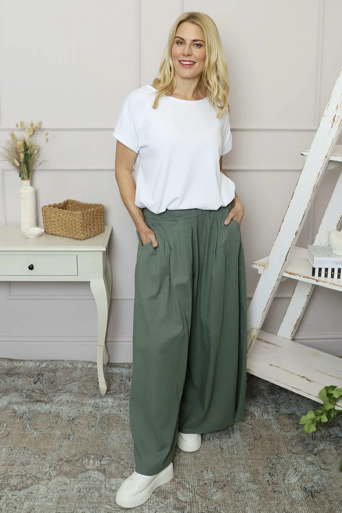 Trish Wide Leg Linen Trousers Khaki 4 Trish Wide Leg Linen Trousers Khaki - Image 2