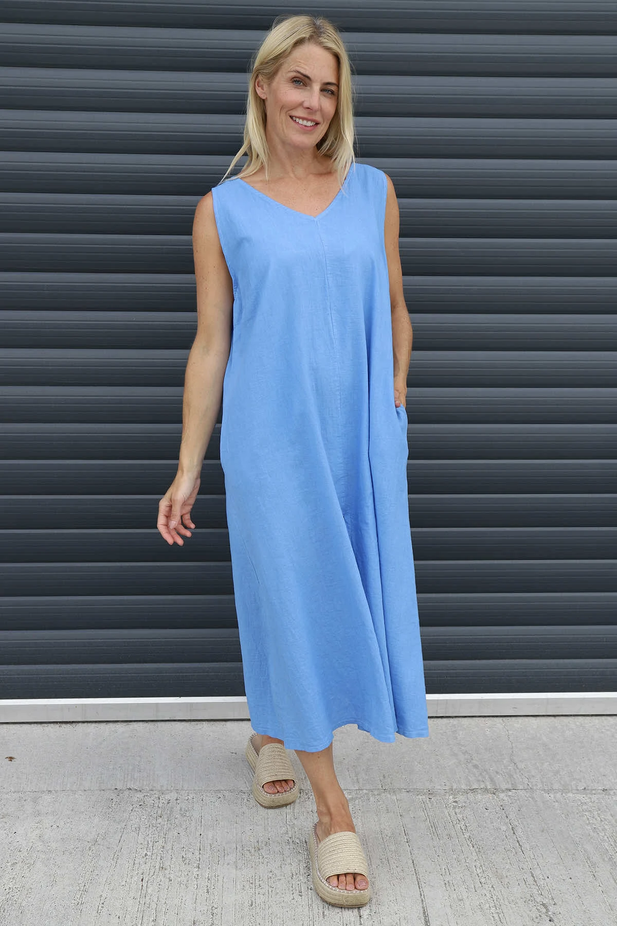 Olaya V-Neck Linen Dress Powder Blue 4 Olaya V-Neck Linen Dress Powder Blue - Image 2