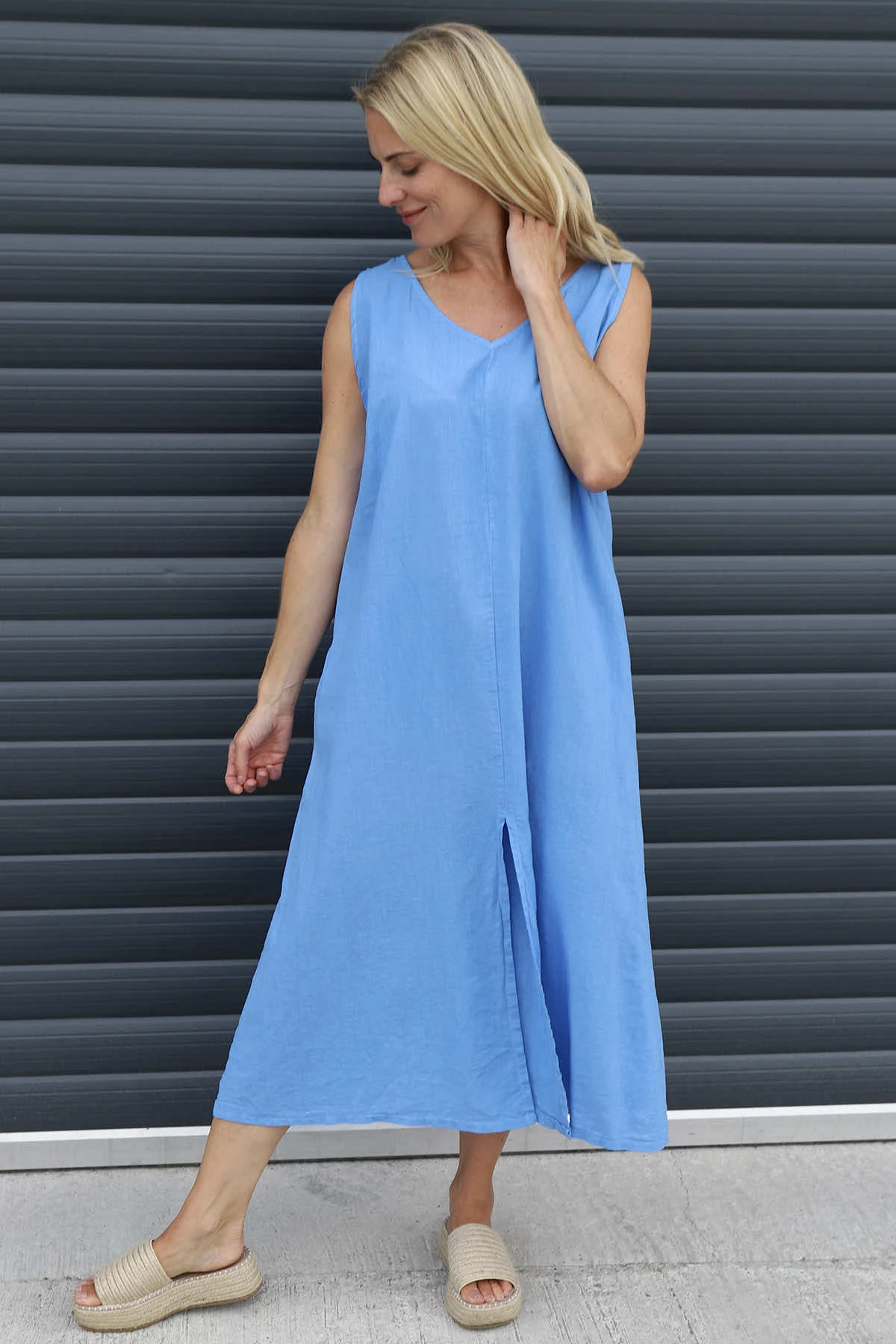 Olaya V-Neck Linen Dress Powder Blue 3 Olaya V-Neck Linen Dress Powder Blue