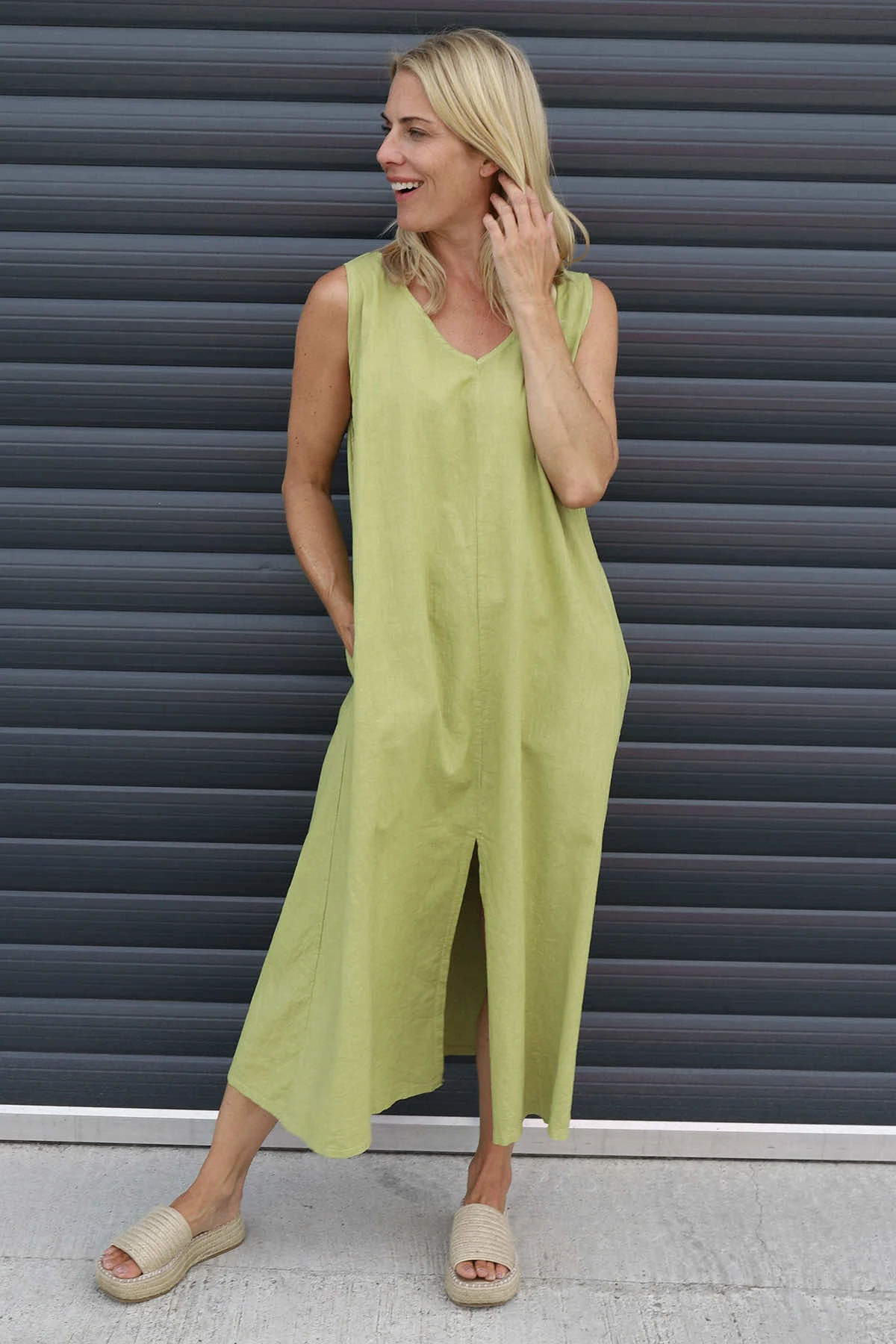 Olaya V-Neck Linen Dress Olive 3 Olaya V-Neck Linen Dress Olive