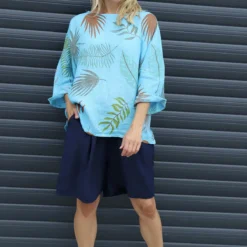 Vicki Botanical Print Linen Top Kingfisher