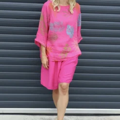 Vicki Botanical Print Linen Top Fuchsia