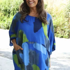 Angela Print Pocket Cotton Top Cobalt