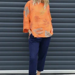 Vicki Botanical Print Linen Top Orange