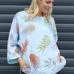 Vicki Botanical Print Linen Top Light Blue