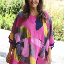 Angela Print Pocket Cotton Top Fuchsia