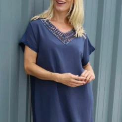 Letitia V-Neck Cotton Tunic Navy