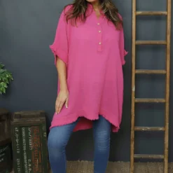 Coletta Button Cotton Top Fuchsia