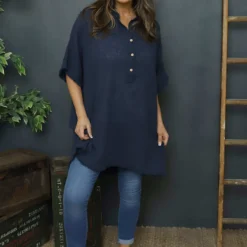 Coletta Button Cotton Top Navy