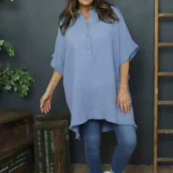 Coletta Button Cotton Top Blue