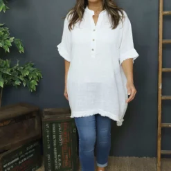 Coletta Button Cotton Top White