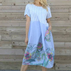 Ayah Print Cotton Dress Light Blue