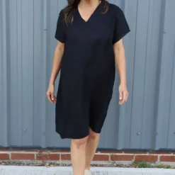 Alondra V-Neck Linen Dress Black