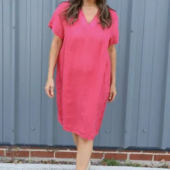 Alondra V-Neck Linen Dress Fuchsia