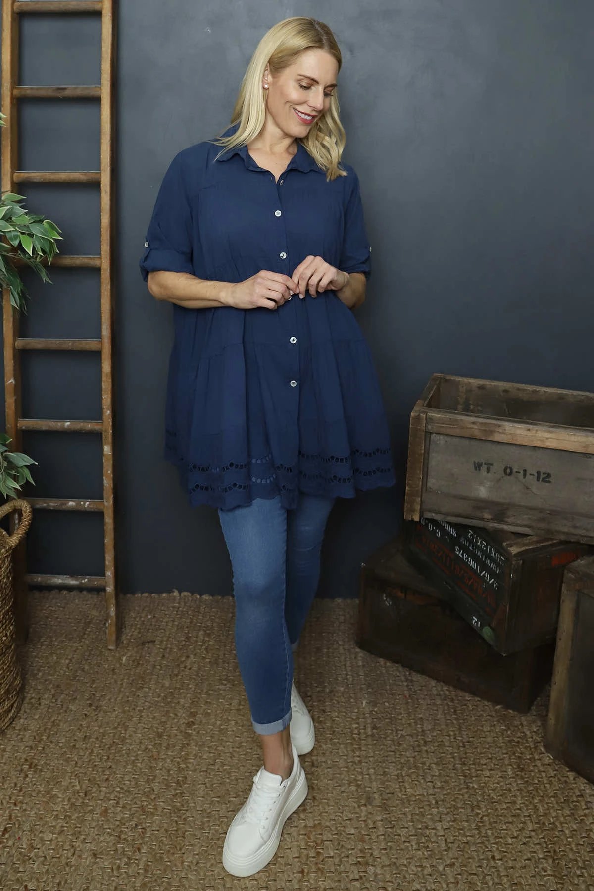 Ermina Tiered Cotton Shirt Navy 3 Ermina Tiered Cotton Shirt Navy