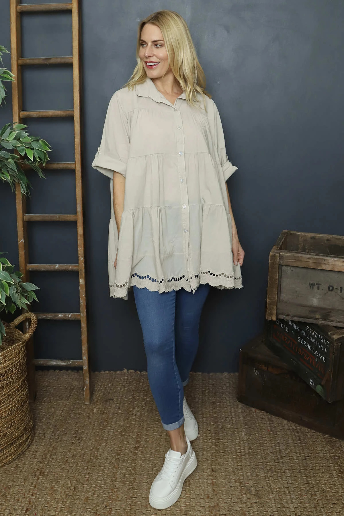 Ermina Tiered Cotton Shirt Stone 3 Ermina Tiered Cotton Shirt Stone