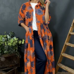 Veronica Print Button Cotton Dress Orange