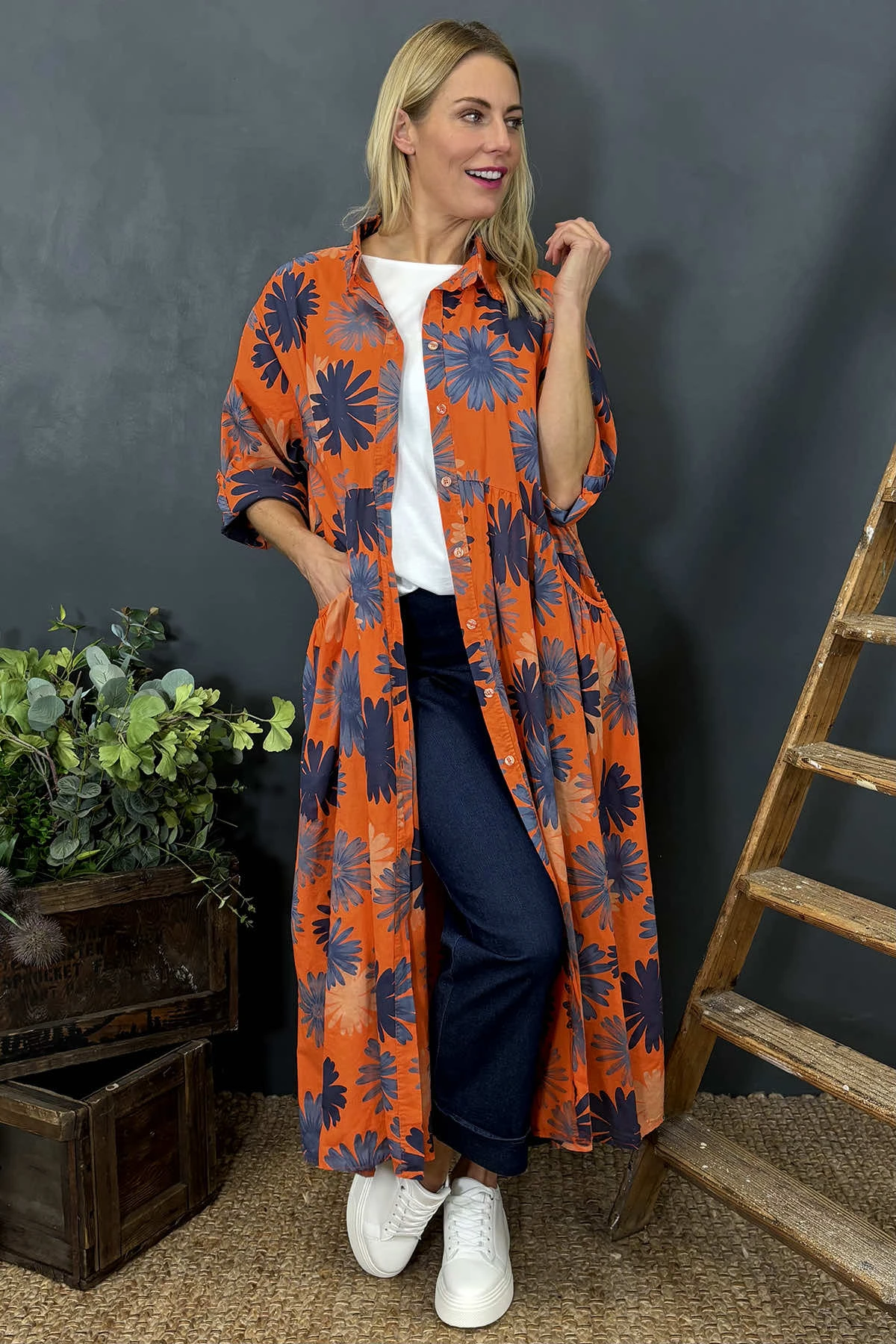 Veronica Print Button Cotton Dress Orange 3 Veronica Print Button Cotton Dress Orange