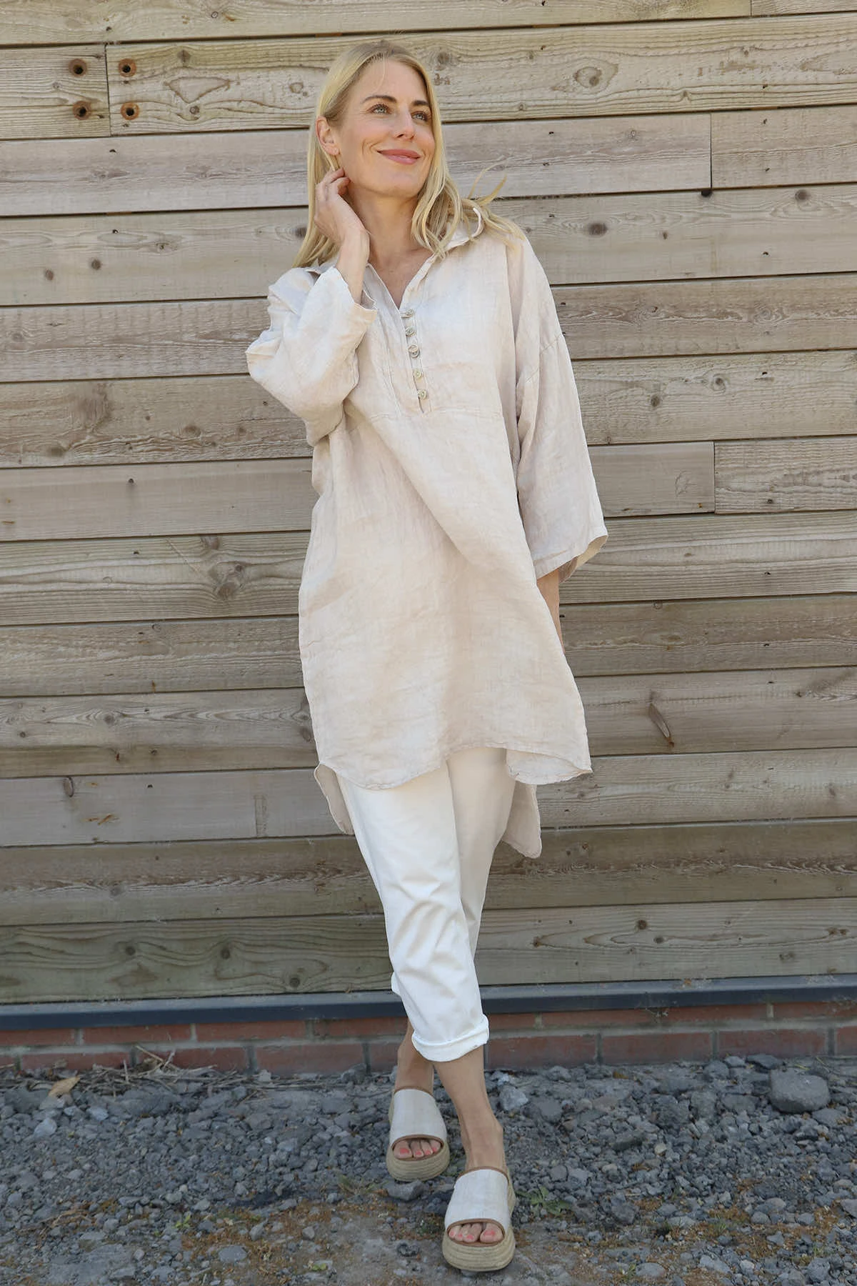 Tarna Button Linen Tunic Stone 3 Tarna Button Linen Tunic Stone