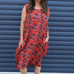 Chloe Print Sleeveless Cotton Dress Red