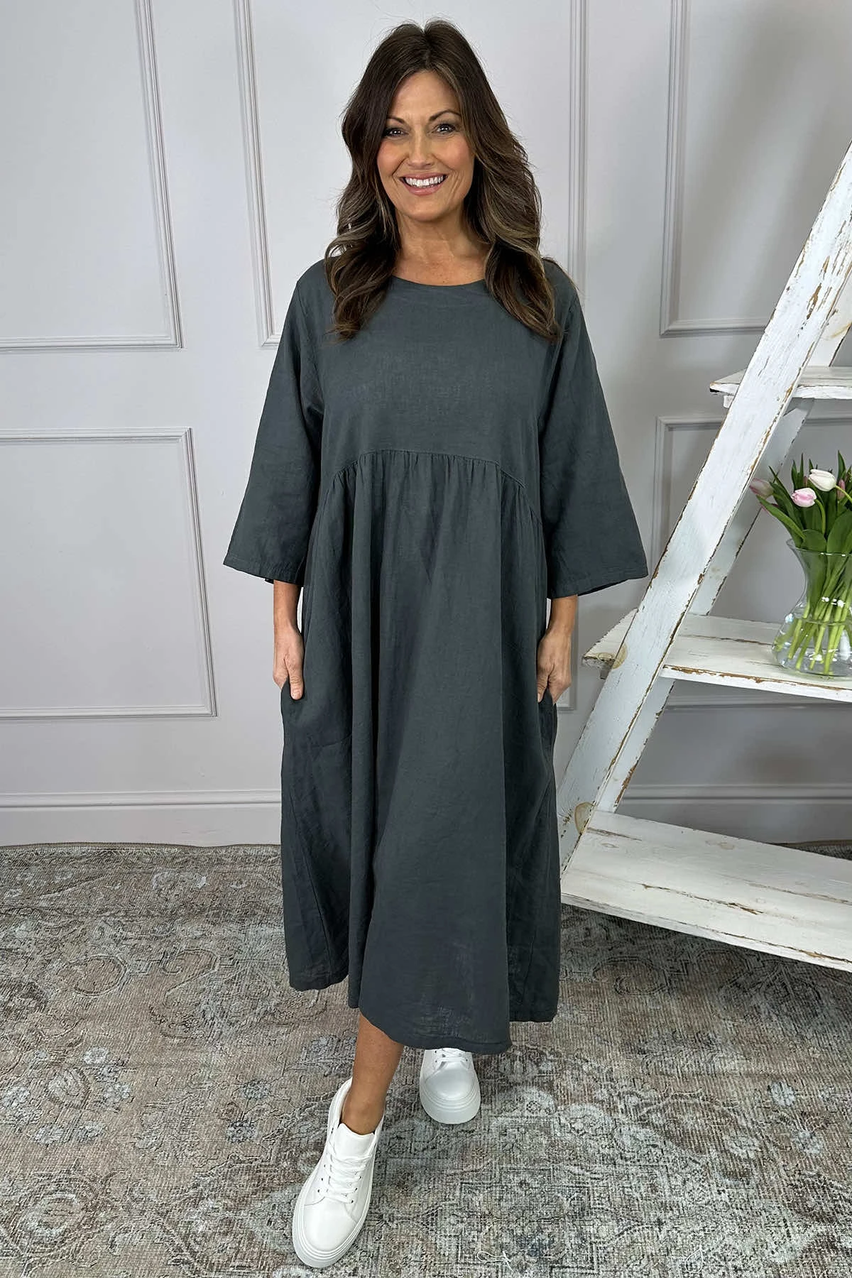 Francesca Linen Dress Charcoal 3 Francesca Linen Dress Charcoal